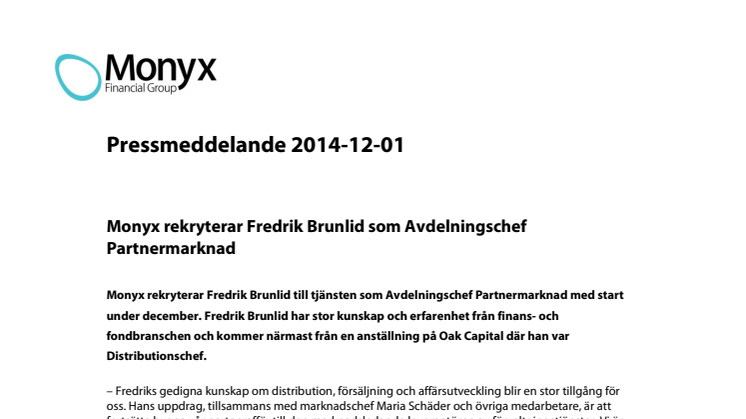 Monyx rekryterar Fredrik Brunlid som Avdelningschef Partnermarknad