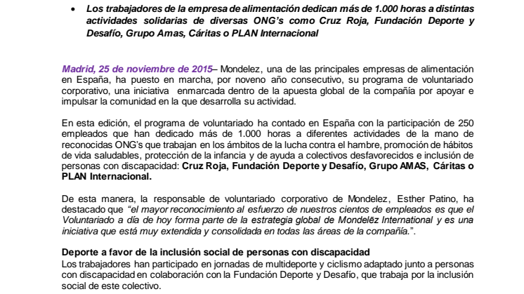 Más de 250 empleados de Mondelez en España participan en su programa de voluntariado corporativo