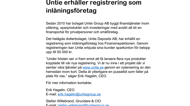 Untie erhåller registrering som inlåningsföretag