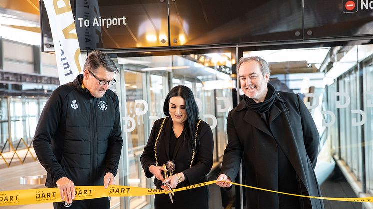 Luton VIPs celebrate imminent opening of DART: Mayor Cllr Sameera Saleem with football club legend Mick Harford and film composer David Arnold