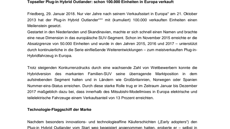 Topseller Plug-in Hybrid Outlander: schon 100.000 Einheiten in Europa verkauft