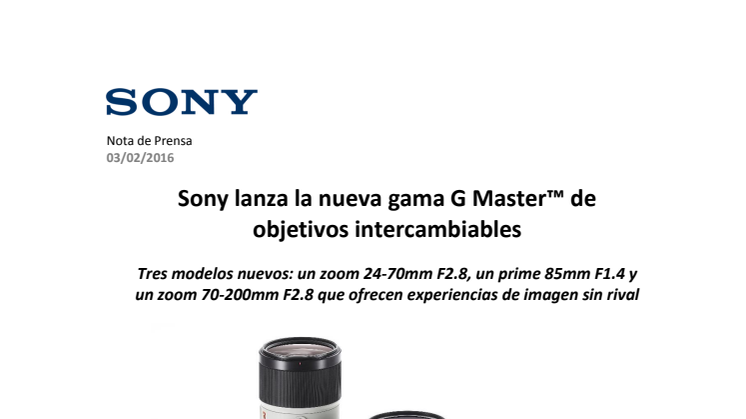 Sony lanza la nueva gama G Master™ de objetivos intercambiables