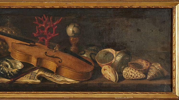 Still life with violin and shells on a ledge by Jacques Linard