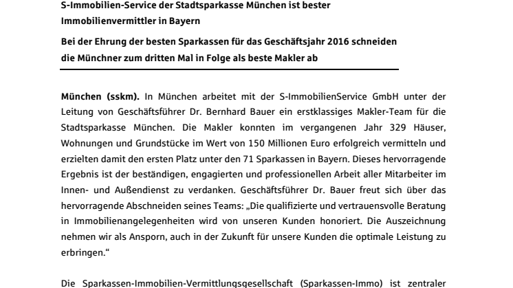 S-ImmobilienService der Stadtsparkasse München ist bester Immobilienvermittler in Bayern