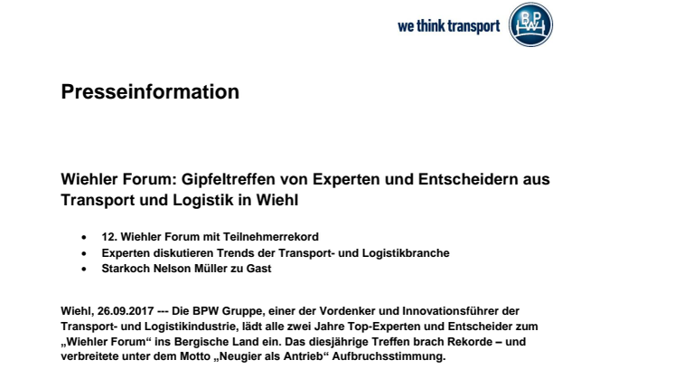 Wiehler Forum: Gipfeltreffen von Experten und Entscheidern aus Transport und Logistik in Wiehl