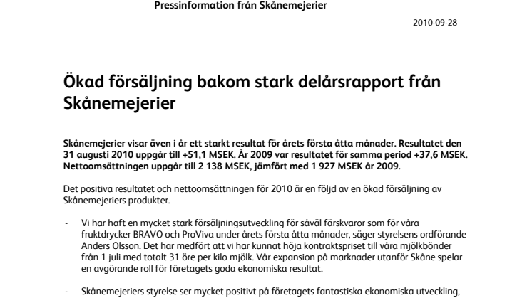 Ökad försäljning bakom stark delårsrapport från Skånemejerier