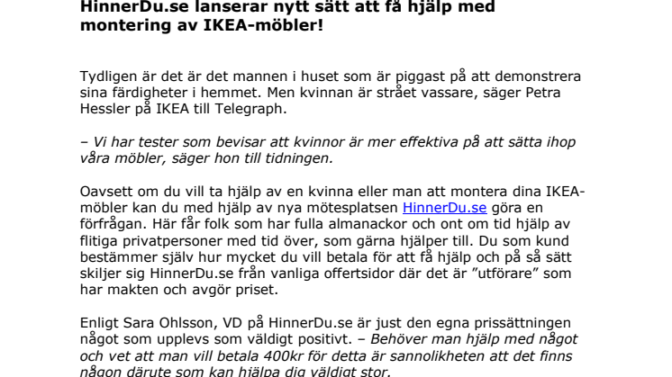 HinnerDu.se lanserar nytt sätt att få hjälp med montering av IKEA-möbler!