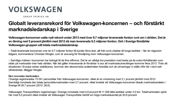 Globalt leveransrekord för Volkswagen-koncernen – och förstärkt marknadsledarskap i Sverige