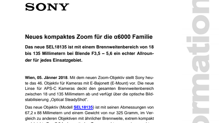 Neues kompaktes Zoom für die α6000 Familie