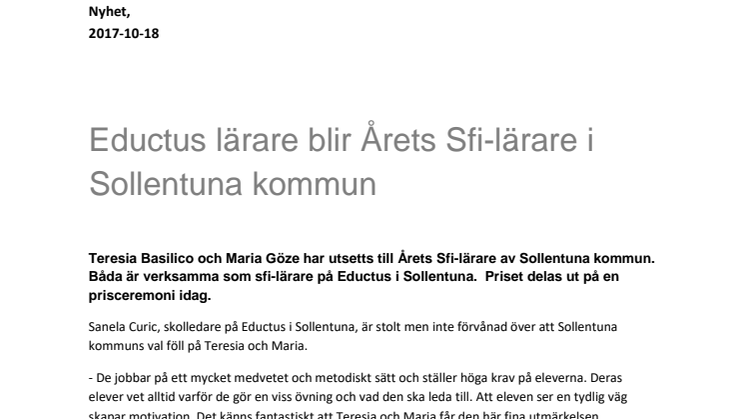 Eductus lärare blir Årets Sfi-lärare i Sollentuna kommun