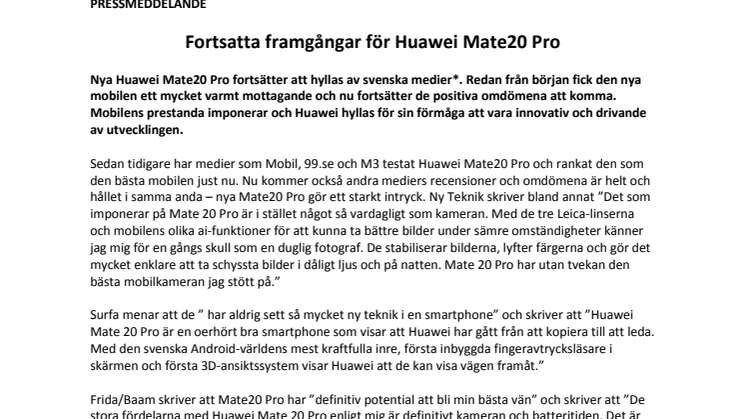 Fortsatta framgångar för Huawei Mate20 Pro