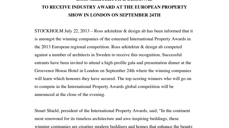 Ross arkitektur & design AB vinner pris i Internationellt sammanhang!