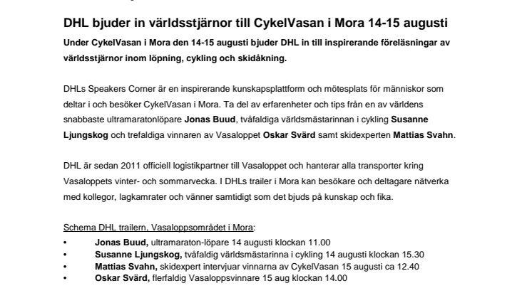 DHL bjuder in världsstjärnor till Cykelvasan i Mora 14-15 augusti