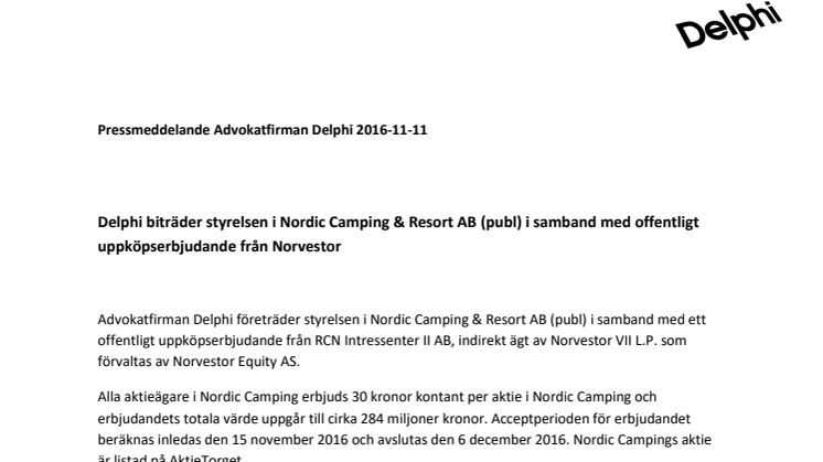 Delphi biträder styrelsen i Nordic Camping & Resort AB (publ) i samband med offentligt uppköpserbjudande från Norvestor