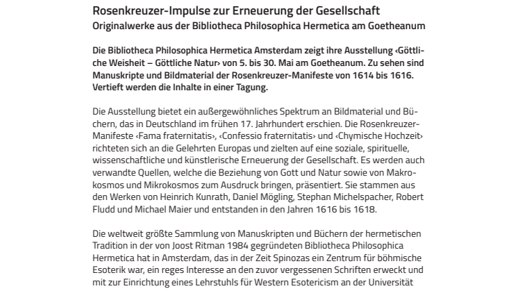 VORANKÜNDIGUNG Rosenkreuzer-Impulse zur Erneuerung der Gesellschaft. Originalwerke aus der Bibliotheca Philosophica Hermetica am Goetheanum