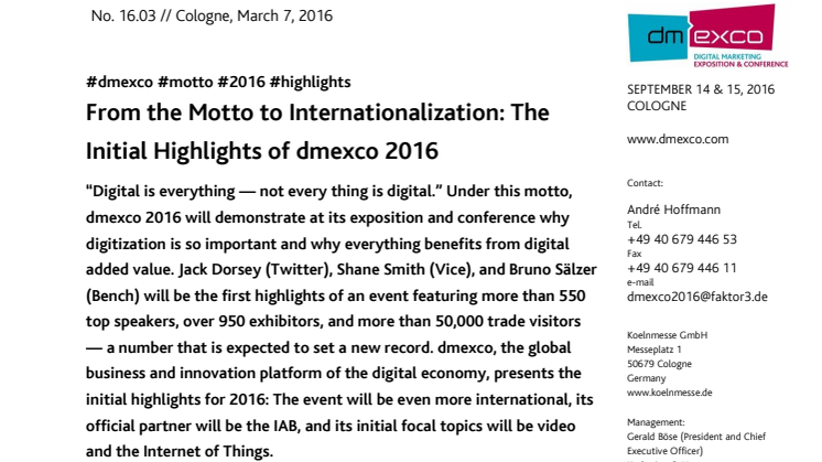 From the Motto to Internationalization: The Initial Highlights of dmexco 2016