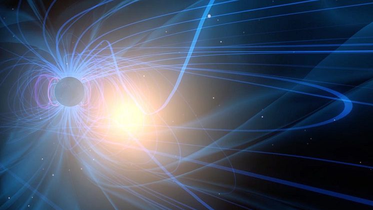 Jorden omringas av en magnetisk bubbla, magnetosfären (blå) vilket innehåller olika regioner där elektroner accelereras. Bild: NASA/GSFC. 