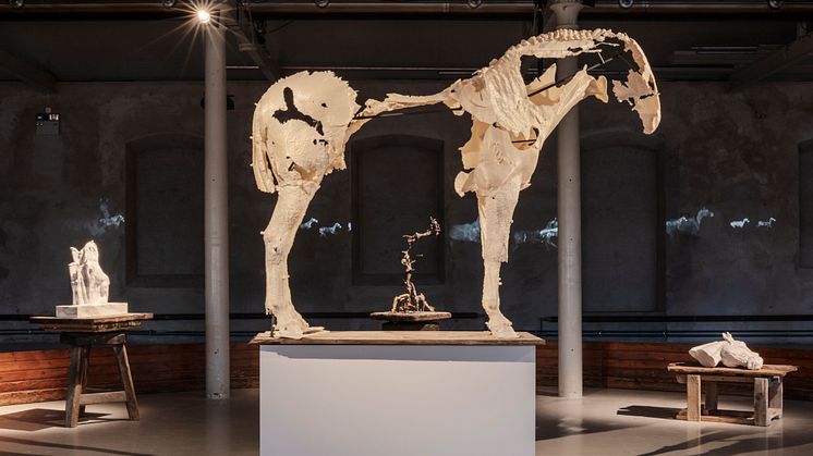 Installationsvy med "Cheval Blanc" (Tove Kjellmark, 2022) i förgrunden. 