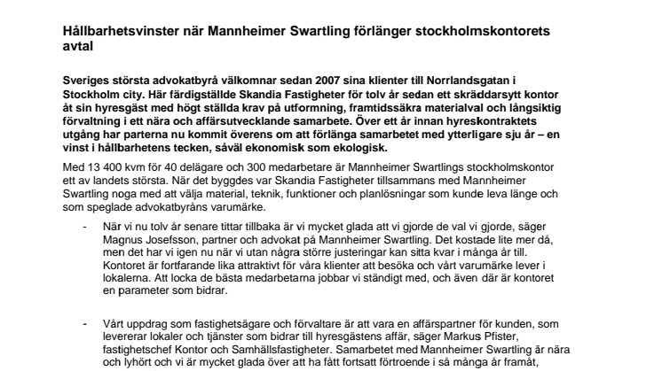 Hållbarhetsvinster när Mannheimer Swartling förlänger stockholmskontorets avtal