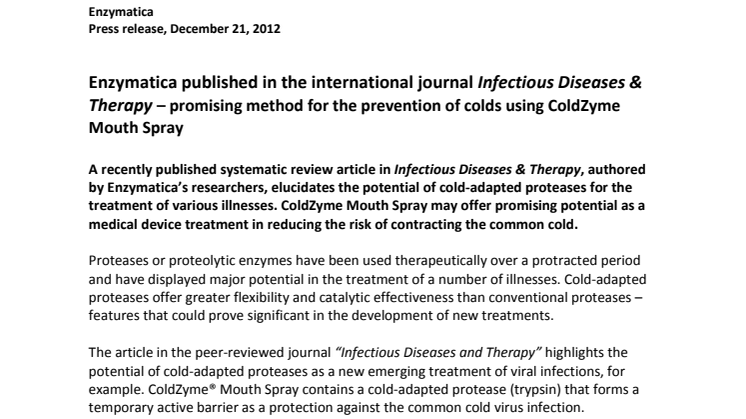 Enzymatica published in the international journal Infectious Diseases & Therapy – promising method for the prevention of colds using ColdZyme Mouth Spray