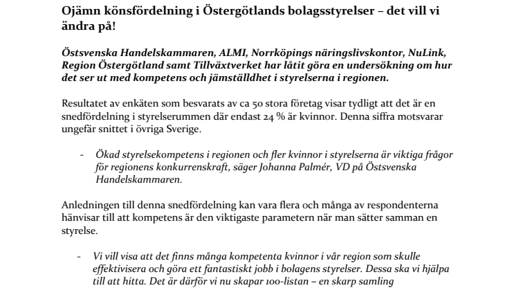 Ojämn könsfördelning i Östergötlands bolagsstyrelser - det vill vi ändra på!