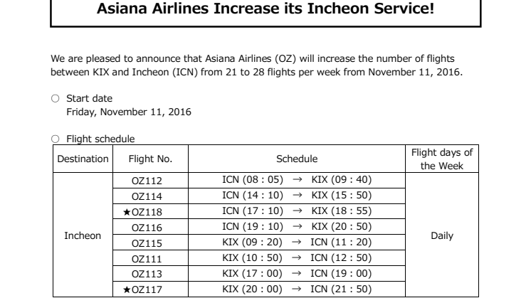 Asiana Airlines Increase its Incheon Service!