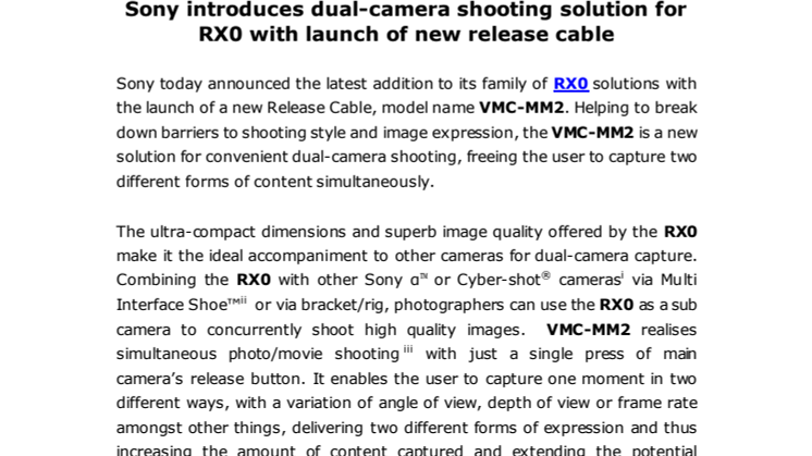 ​Sony presenterar ny fjärrutlösare för RX0 