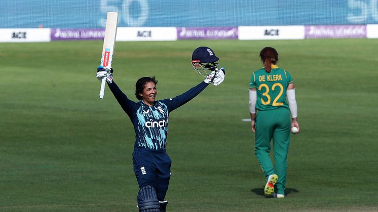 Sophia Dunkley celebrates her hundred in Bristol. Photo: Getty Images