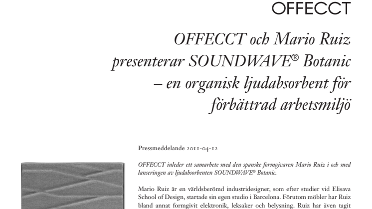 OFFECCT och Mario Ruiz presenterar SOUNDWAVE® Botanic – en organisk ljudabsorbent för förbättrad arbetsmiljö