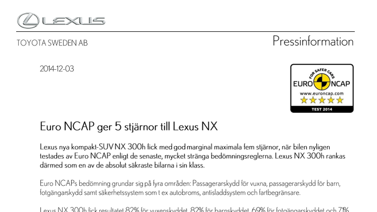 Euro NCAP ger 5 stjärnor till Lexus NX