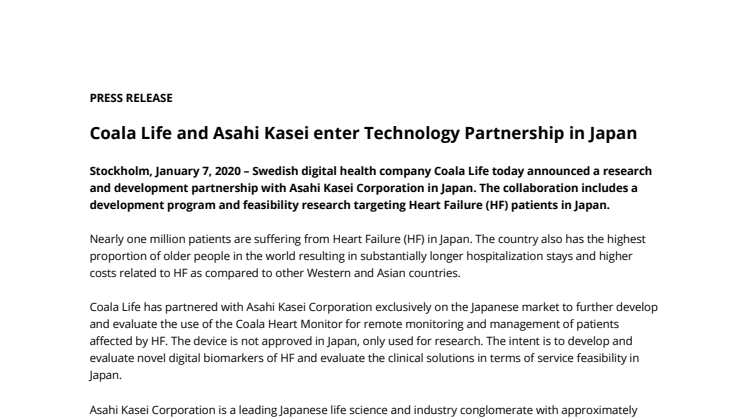 Coala-Life and Asahi Kasei enter Technology Partnership in Japan