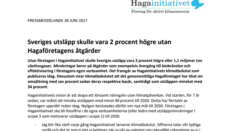 Sveriges utsläpp skulle vara 2 procent högre utan Hagaföretagens åtgärder 