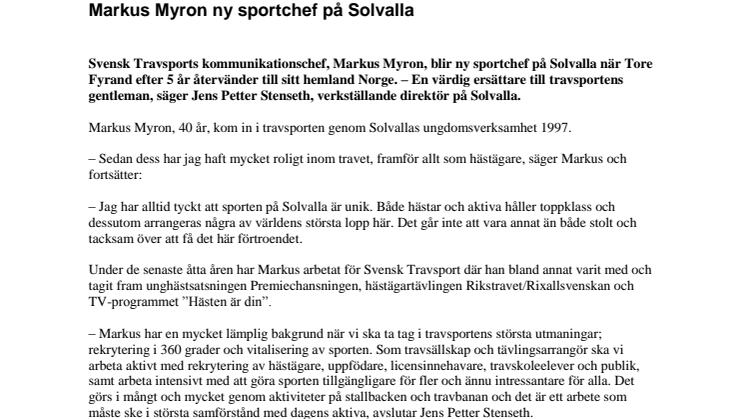 Markus Myron ny sportchef på Solvalla