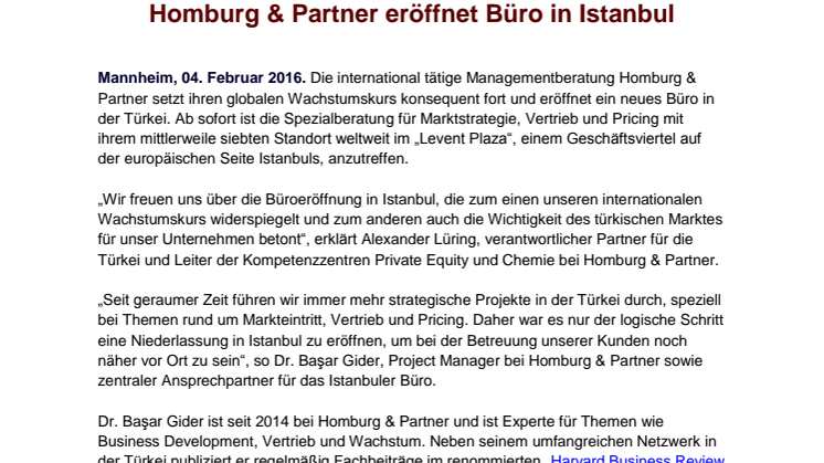 Homburg & Partner eröffnet Büro in Istanbul