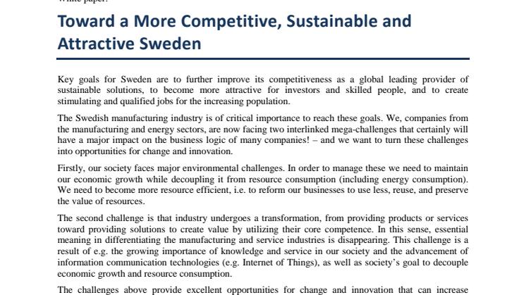 Avsiktsförklaring - white paper - för ekonomiskt starkt, attraktivt och hållbart Sverige