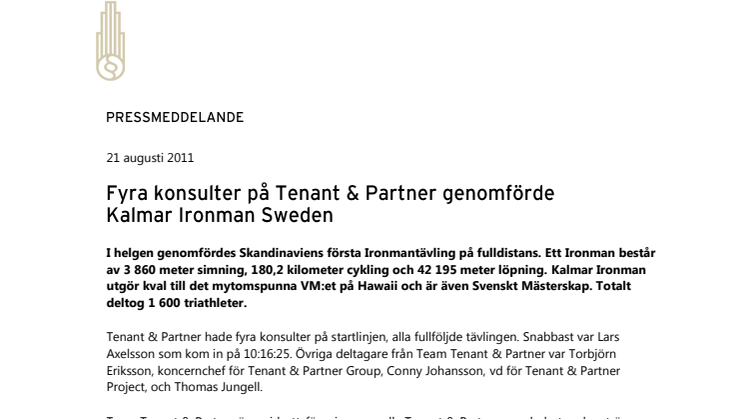 Fyra konsulter på Tenant & Partner genomförde Kalmar Ironman Sweden