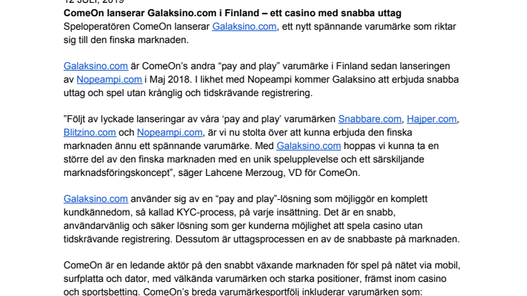 ComeOn lanserar Galaksino.com i Finland – ett casino med snabba uttag
