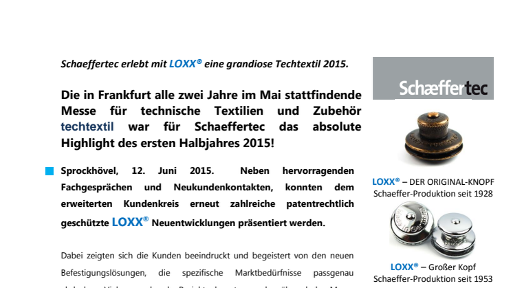 Schaeffertec erlebt mit LOXX® eine grandiose Techtextil 2015.