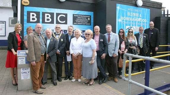 Launch of the Elstree & Borehamwood Town Partnership, by the BBC station welcome sign