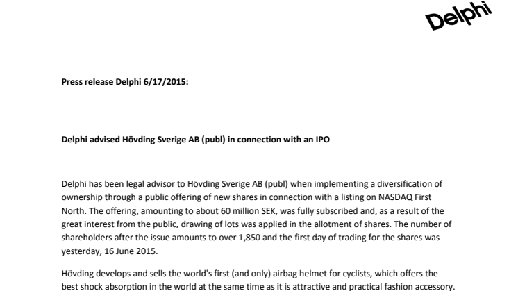 Delphi advised Hövding Sverige AB (publ) in connection with an IPO