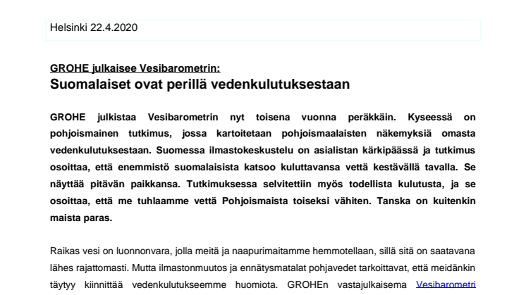 GROHE julkaisee Vesibarometrin: Suomalaiset ovat perillä vedenkulutuksestaan