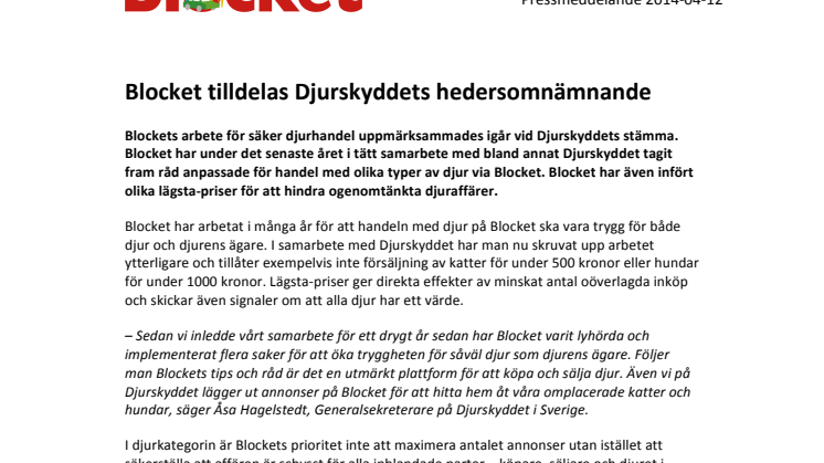 Blocket tilldelas Djurskyddets hedersomnämnande