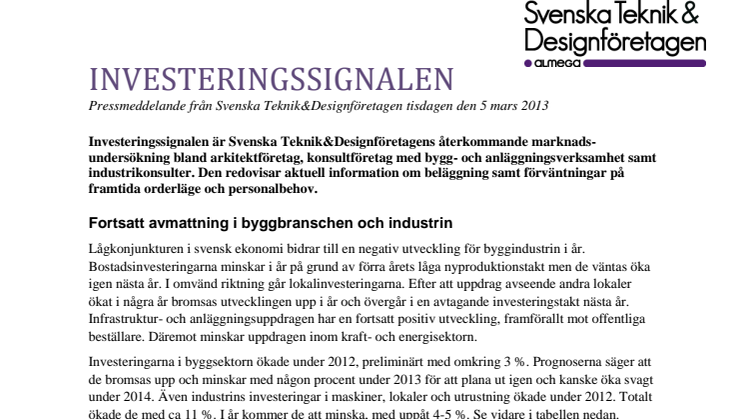 Svenska Teknik&Designföretagen: Pressmeddelande Investeringssignalen, mars 2013