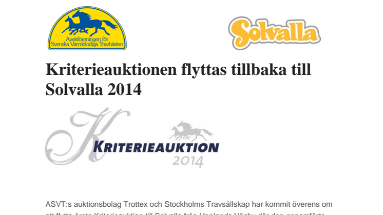 Kriterieauktionen flyttas tillbaka till Solvalla 2014