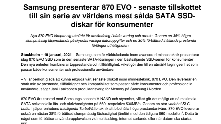 Samsung presenterar 870 EVO - senaste tillskottet till sin serie av världens mest sålda SATA SSD-diskar för konsumenter 