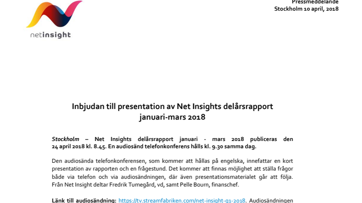 Inbjudan till presentation av Net Insights delårsrapport januari-mars 2018