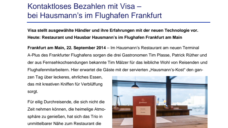 Kontaktloses Bezahlen mit Visa – bei Hausmann’s im Flughafen Frankfurt
