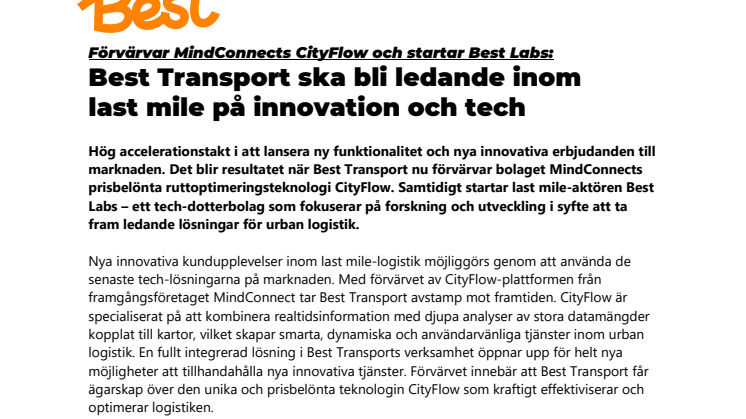 Förvärvar MindConnects CityFlow och startar Best Labs: Best Transport ska bli ledande inom last mile på innovation och tech
