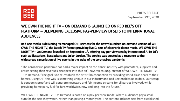 We Own The Night TV - On Demand is Launched on Red Bee's OTT Platform - Delivering Exclusive Pay-Per-View DJ Sets to International Audiences