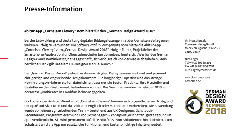 Abitur-App „Cornelsen Clevery“ nominiert für den German Design Award 2018